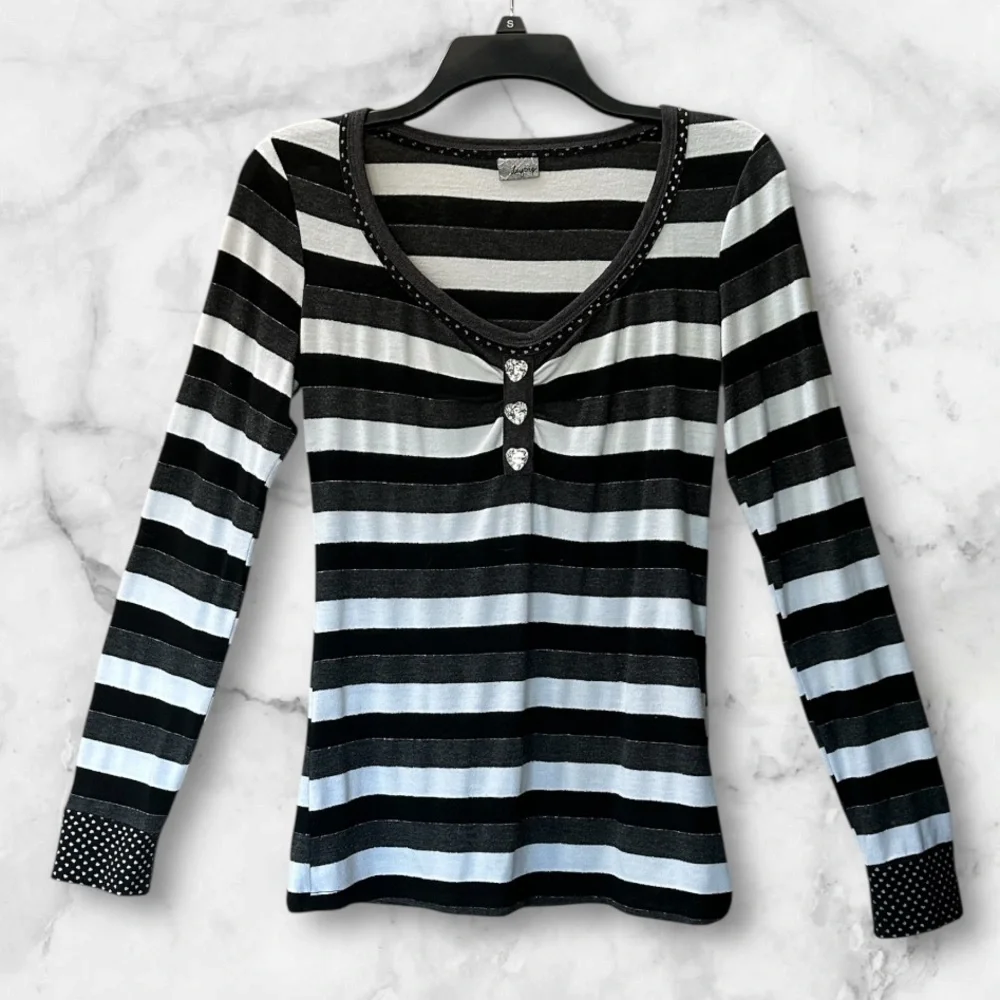 Daytrip Y2K Black White Silver Metallic Stripe Top Crystal Heart Buttons Size M - Picture 1 of 9